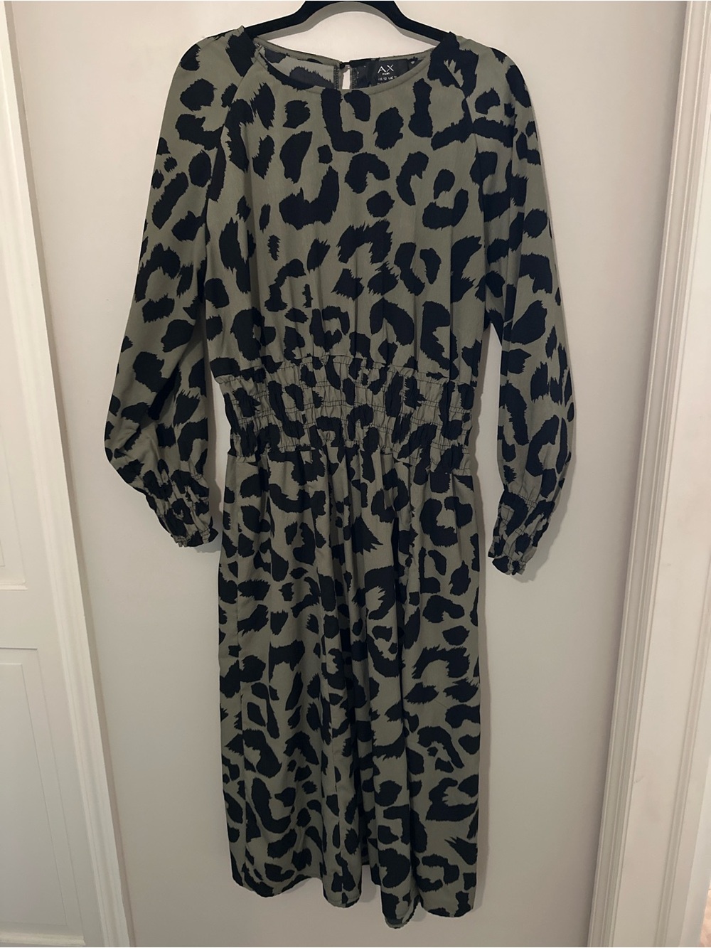 AX Paris Leopard Print Midi Dress Smocked Waist Long Sleeve Size US 12